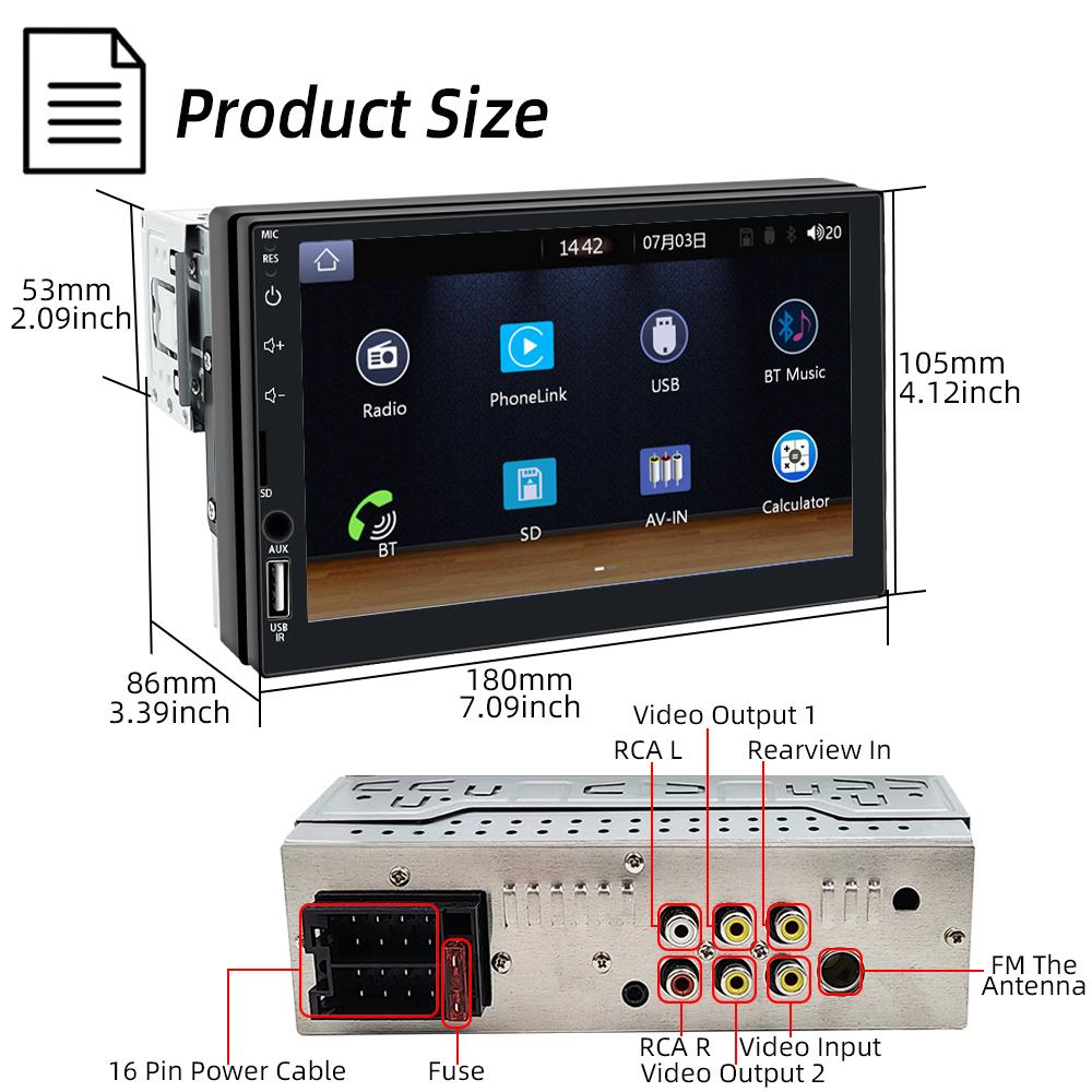 HIPPBQCC 7" Car Radio Carplay Android Auto 1 Din Multimedia Player HD Touch Screen FM AUX Input Bluetooth MirrorLink Universal