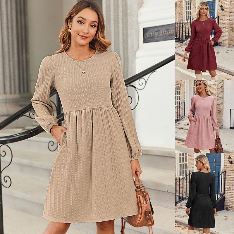 

2025 Women s Jacquard Knitted round Neck Bubble Dress Dress Pink XL