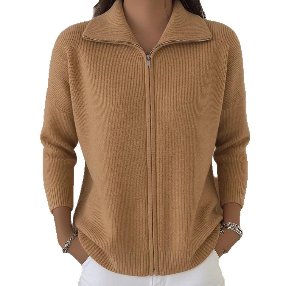 2026 Autumn/Winter Solid Color Zipper Lapel Knit Cardigan - Women's Loose Long Sleeve Sweater Coat