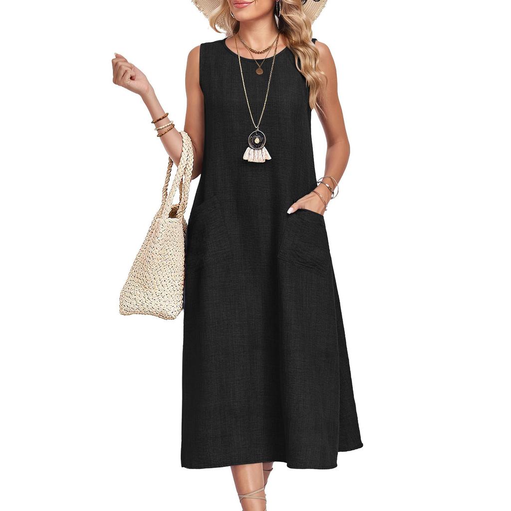Independent Station Women's Solid Color Crew Neck Sleeveless Pocket Casual Dress