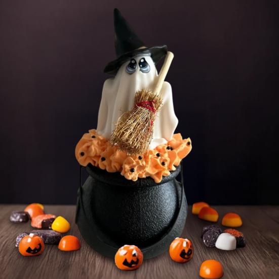 Witch Hat Ghost Cauldron Figurine Halloween Cartoon Ghost Cauldron Statue