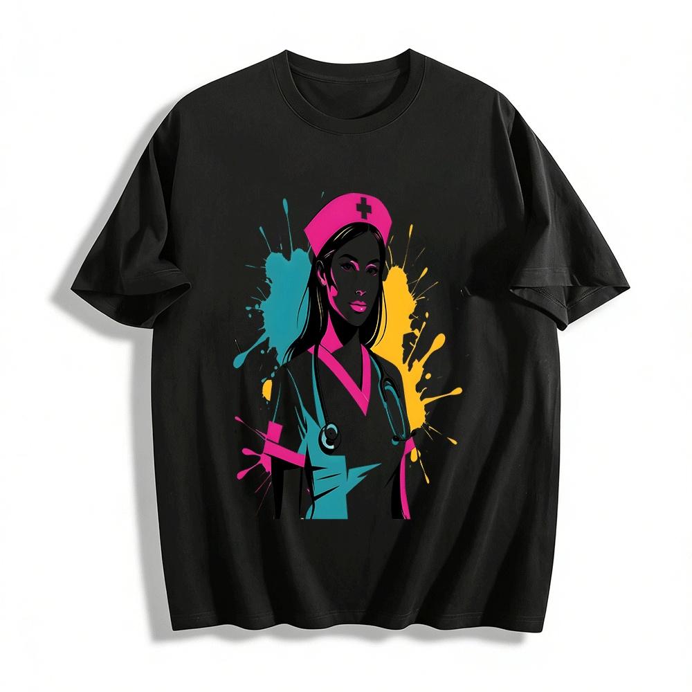 

Trendy Nurse Print Color Block Casual Short Sleeve Top Pure cotton T-shirt XXS