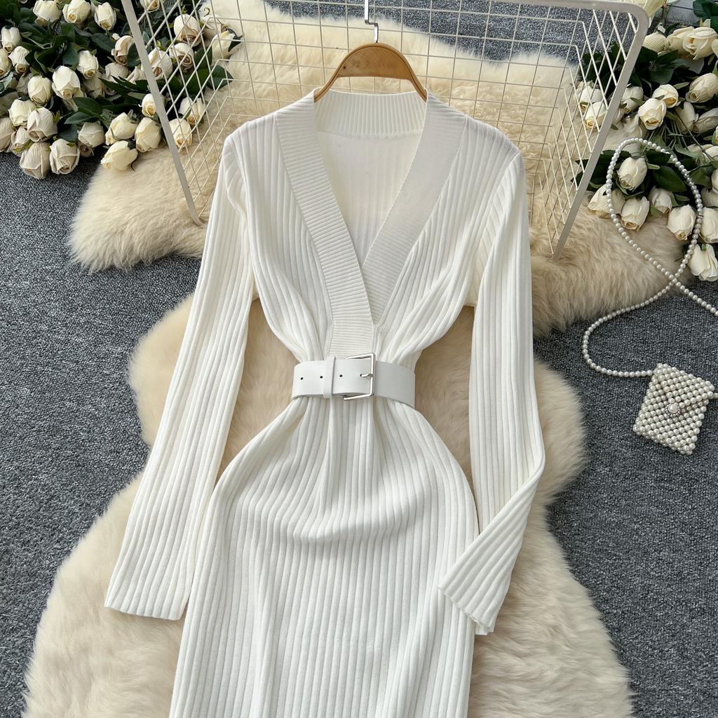 Spring Autumn Women Casual V-neck Full Sleeve Knitted Sweater Midi Pencil Dresses with Belt