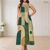 Women Plus Size Round Neck Triple Keyhole Cutout Sleeveless Geometric Print Long Dress Blue Yellow Beige