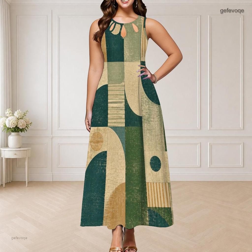 Women Plus Size Round Neck Triple Keyhole Cutout Sleeveless Geometric Print Long Dress Blue Yellow Beige