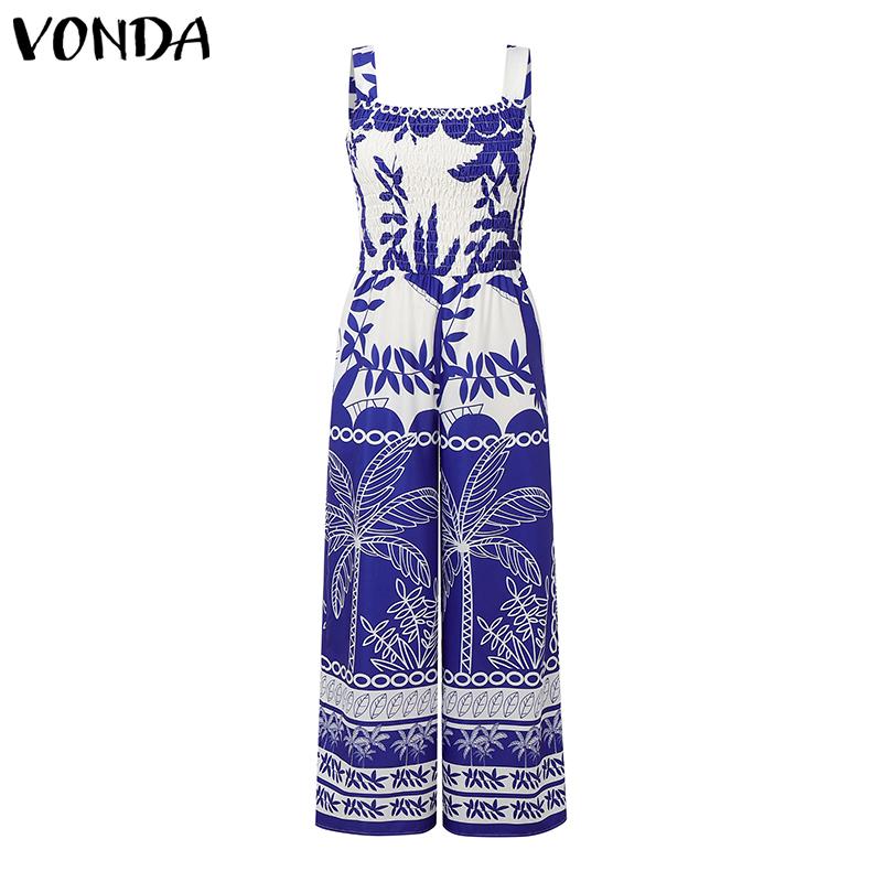 

VONDA Women Summer Sleeveless Strap Print Casual Long Holiday Jumpsuits Overalls 5XL синий