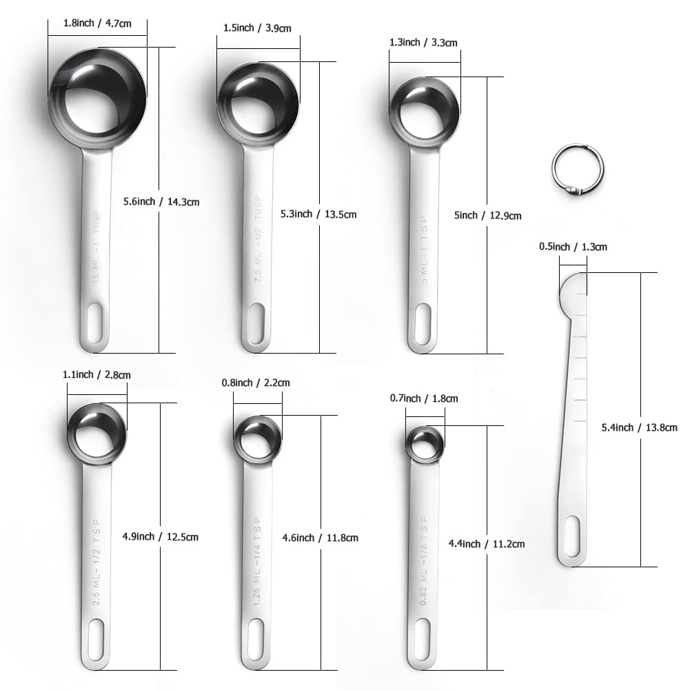 YFWOOD Stainless Steel Measuring Spoon Set (7 pieces) - 15ml each, with thin spatula. Includes tablespoons, teaspoons, and measuring marks.