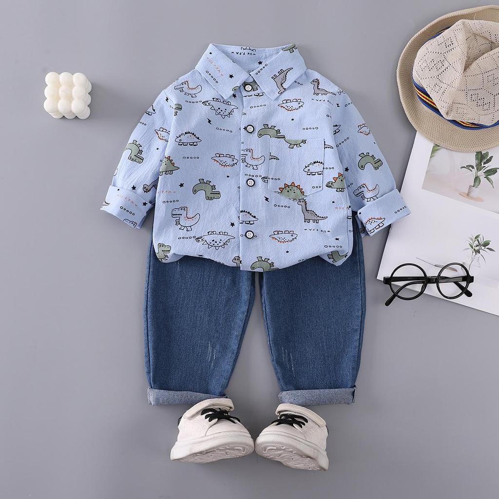 Boys' Dinosaur Print Two-Piece Set: Lapel Long Sleeve Top & Elastic Denim Pants