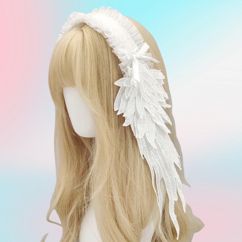 Dark Gothic Angel Wing Hairband - Lace Trim Lolita Headband, Decora Kei/Sweet Dolly/Punk/Jirai Kei for Girls