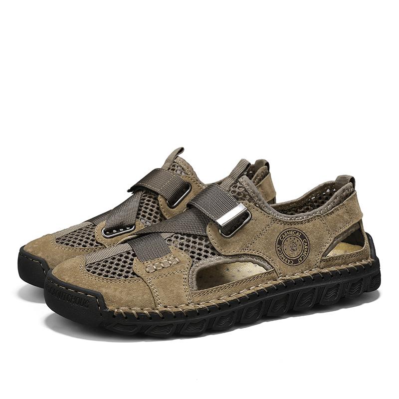 Fashion Sandals Men's Tide Summer New Style Leather Toe Cap Outdoor Leisure Sports Hollow Sandals Beach Shoes Handmade Mesh Men Shoes