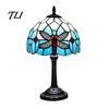 Floral Pattern Lamp Tiffany Dragonfly Stained Glass Table Lamp, Vintage Blue Bedside Night Light, European Style Metal Base Decorative Atmosphere for