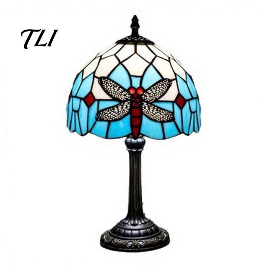 Floral Pattern Lamp Tiffany Dragonfly Stained Glass Table Lamp, Vintage Blue Bedside Night Light, European Style Metal Base Decorative Atmosphere for