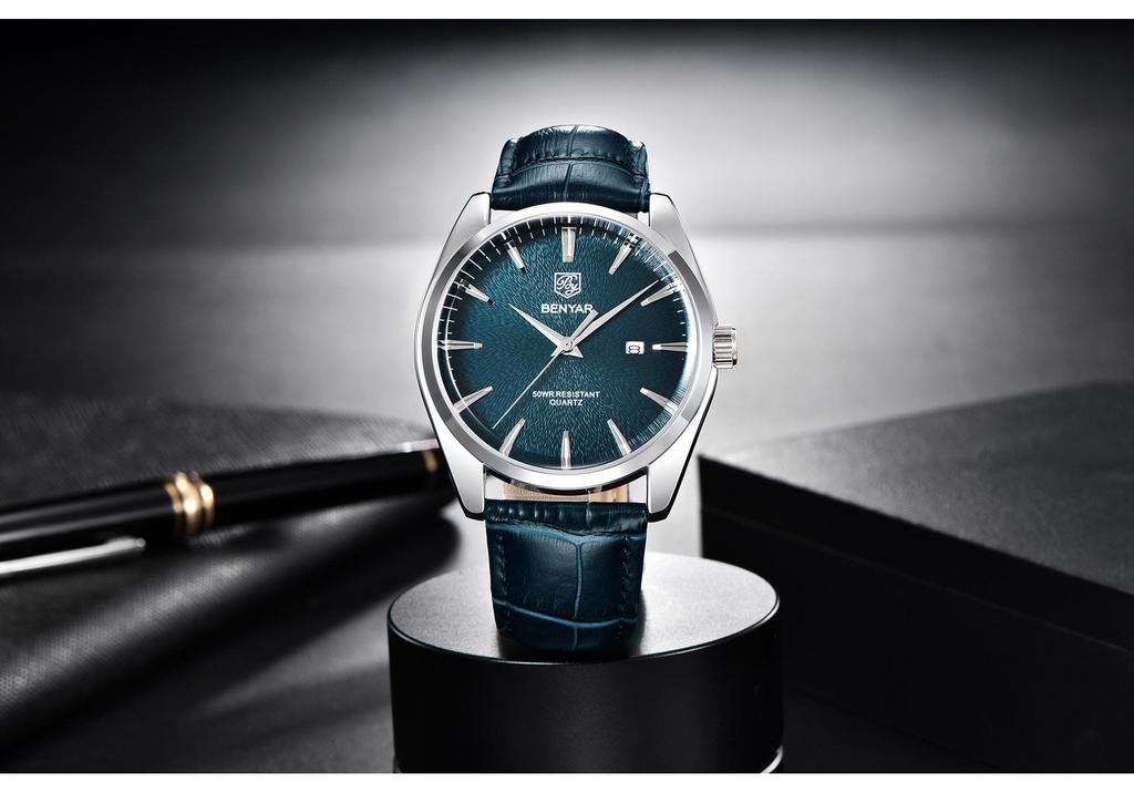 Binyan Men's Fashion Quartz Genuine Leather Waterproof Watch 5163