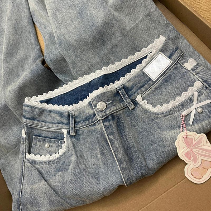 American High Street Style Lace Bow Wide-Leg Jeans for Women, New Autumn High-Waisted Loose Slimming Drape Straight Pants Blue S