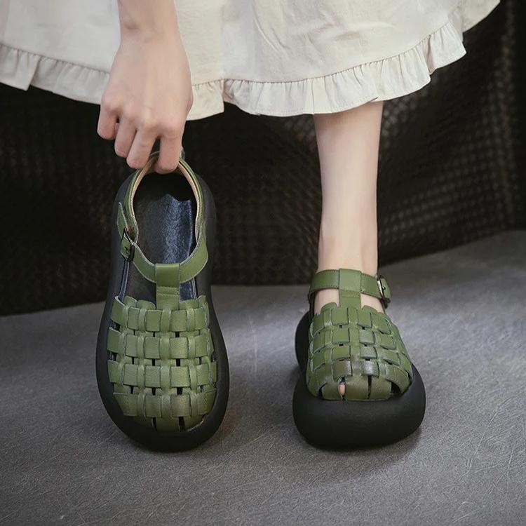 Johnature Genuine Leather Retro Handmade Woven Thick Soled Sandals Versatile Women's Platform Shoes