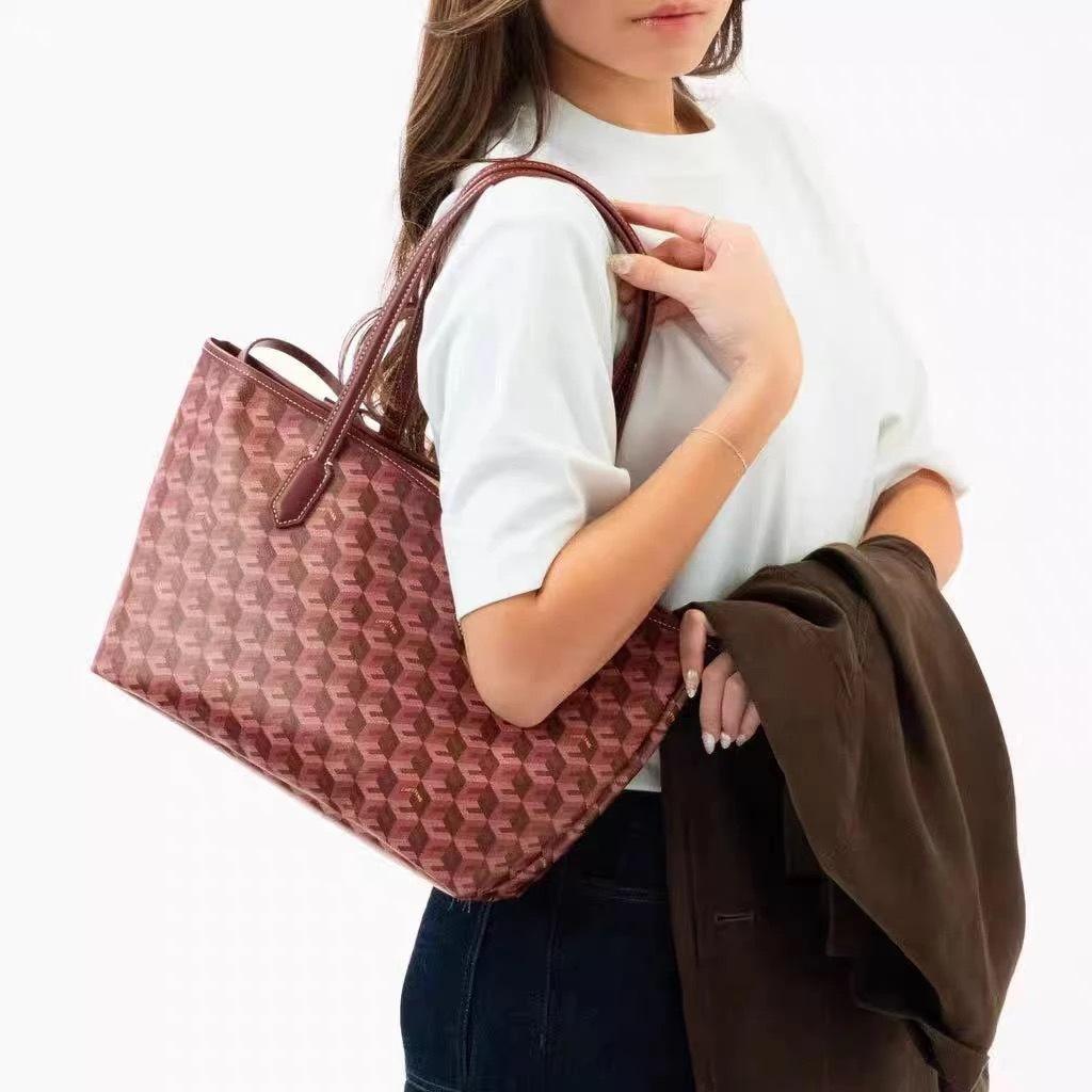 Große geometrische Print-Tragetasche 2-in-1-Set Damen-Alltags-Schulterhandtasche mit Beutel