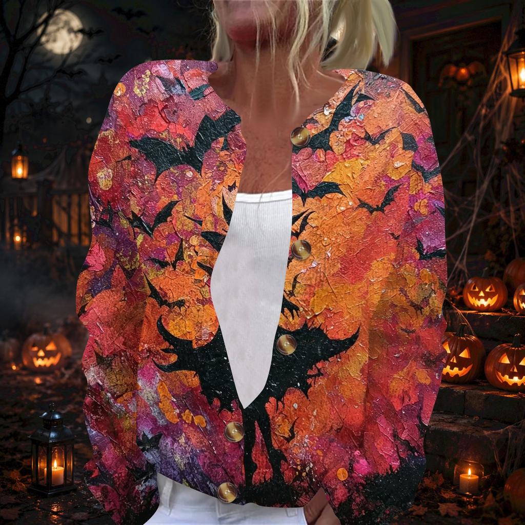 Damen Strickjacke mit langen Ärmeln und Knopfleiste Halloween-Print Lässige Oberbekleidung für Herbst Winter