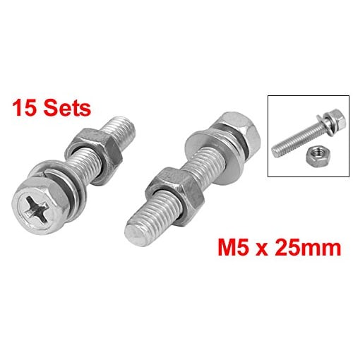 uxcell Plus Hex Head Screws, Hex Bolts, Nuts, and Washers, 304 Stainless Steel, M5 X 25mm, 15-Pack