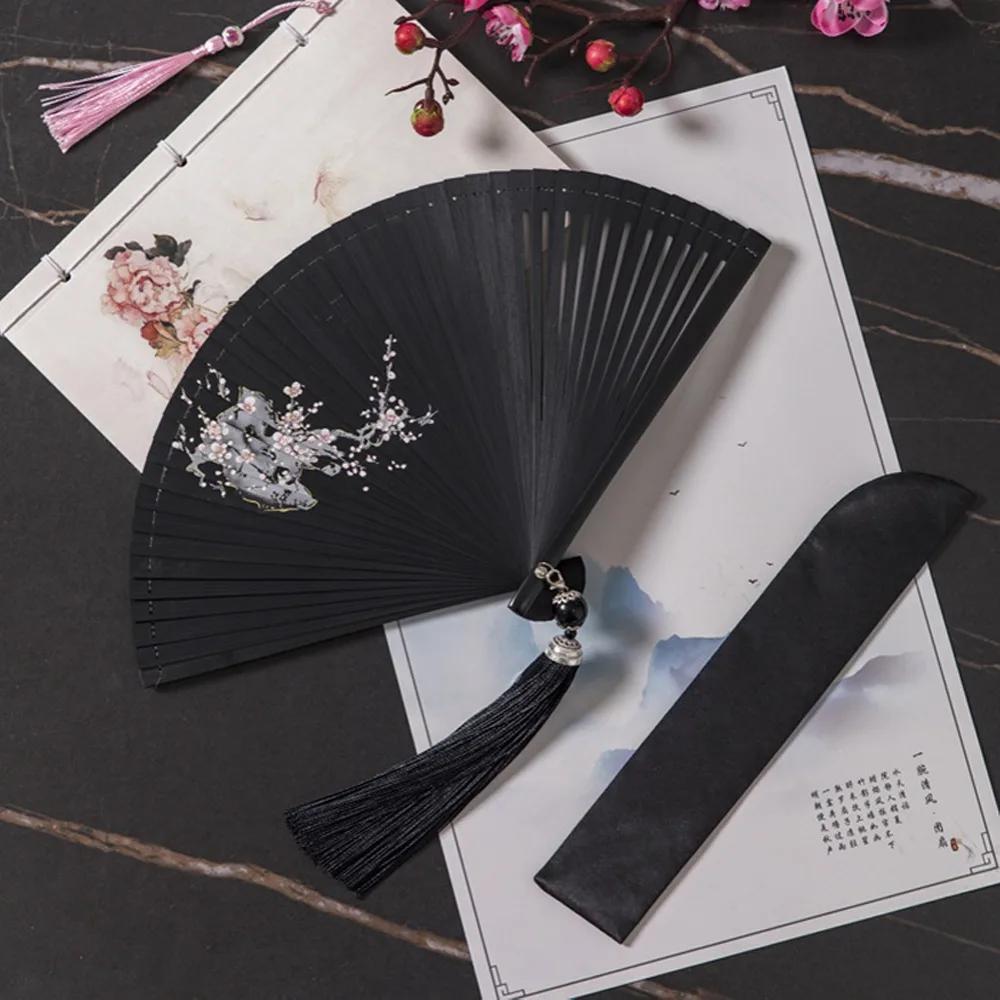 Chinesischer Stil Japanischer Klassischer Faltfächer Antiker Stil Schwarzer Faltfächer für Damen Handgefertigt Exquisite Handfächer