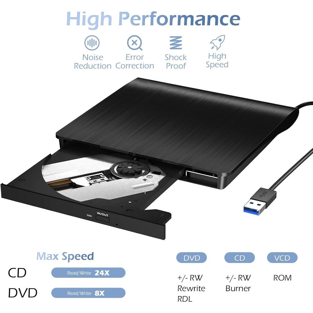 External CD/DVD Drive, USB 3.0 CD DVD Player Portable +/-RW Burner CD ROM Reader Writer Disk Duplicator for Laptop Desktop PC