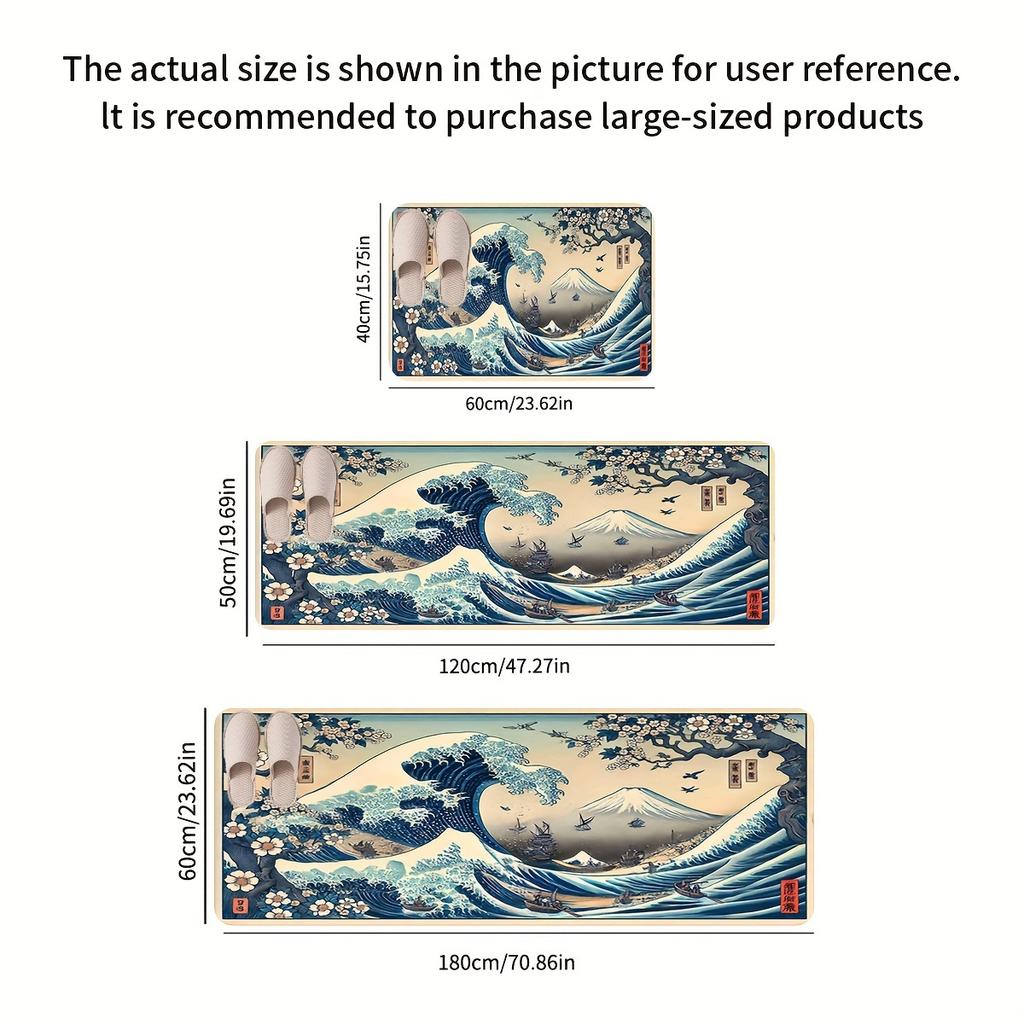 Retro Japanese Ukiyo-e Wave Design, Non-Slip And Dirt-Resistant Rug, For Kitchen, Entrance, Living Room Carpet Home Decor