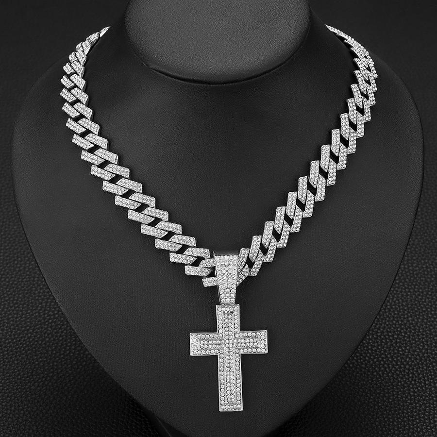 Hip Hop Alloy Full Diamond Cross Pendant Fashion Trend Rap Men's Cuban Chain Necklace Jewelry