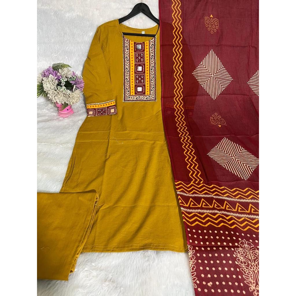 Bollywood Pure Cotton Ethnic Kurti Pant Dupatta Set Indian Women Top Kurta Set