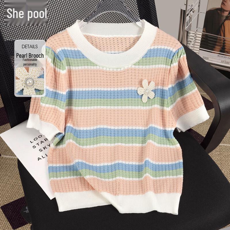 Women s Macaron Stripe Knit Short Sleeve T-Shirt S