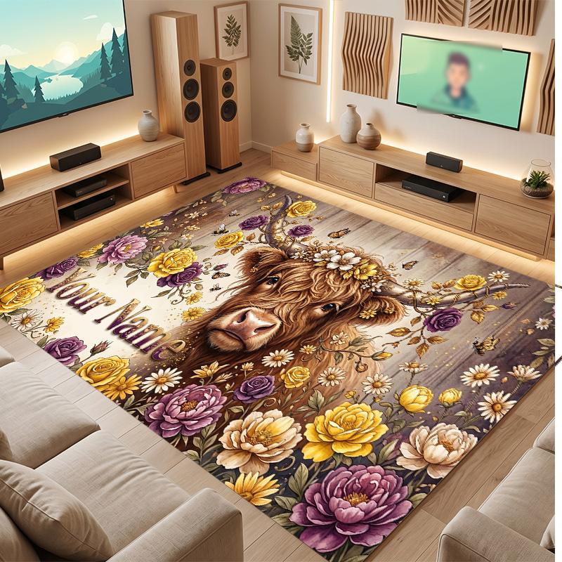 Highland Cow Theme Soft Crystal Velvet Rug Custom Name & Text Print Non Slip Floor Rug for Bedroom Living Room
