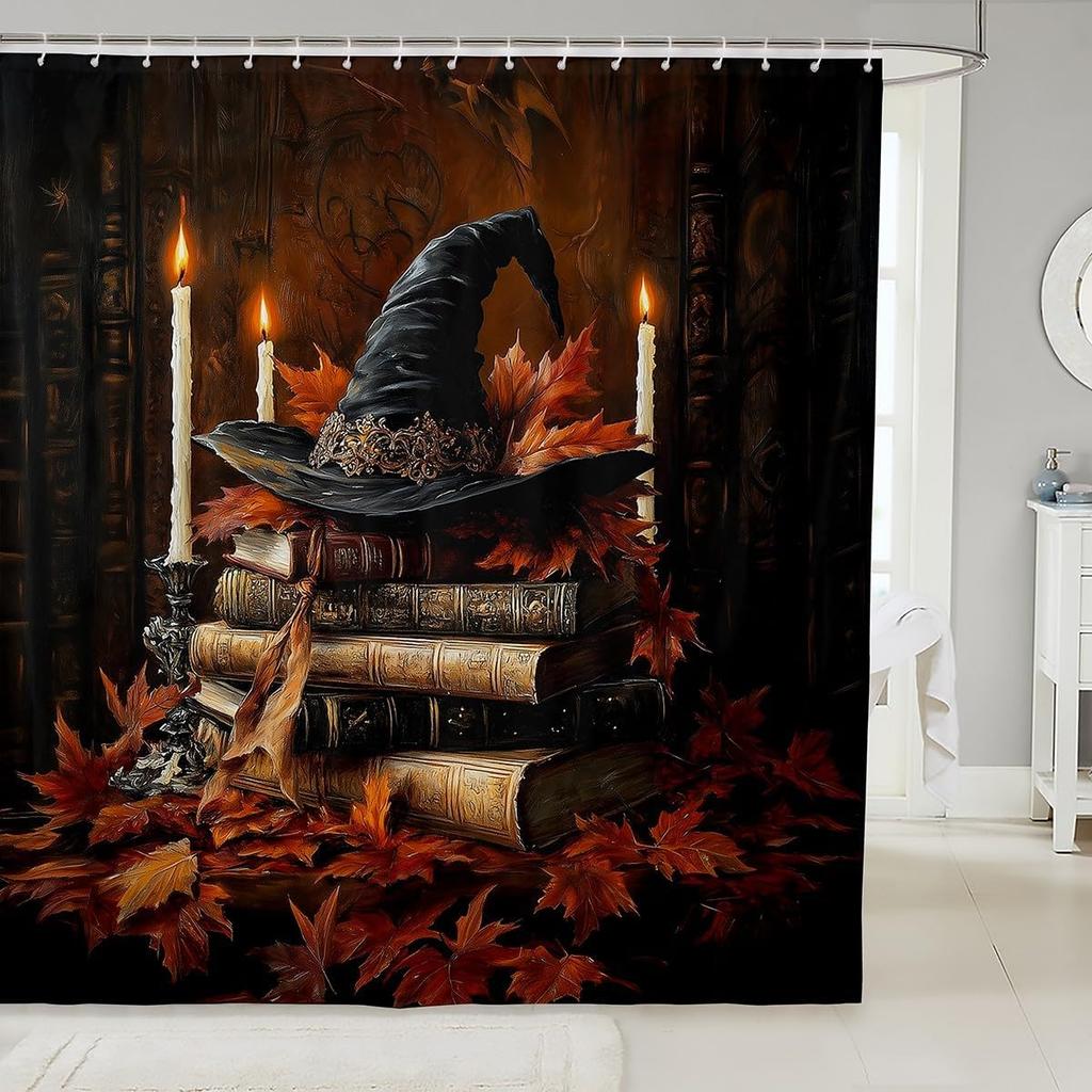 Cute Ghost Kids Shower Curtains,Black Cartoon Cat Happy Halloween Bathroom Curtain For Girls Boys,Rose Flowers Baroque Vintage