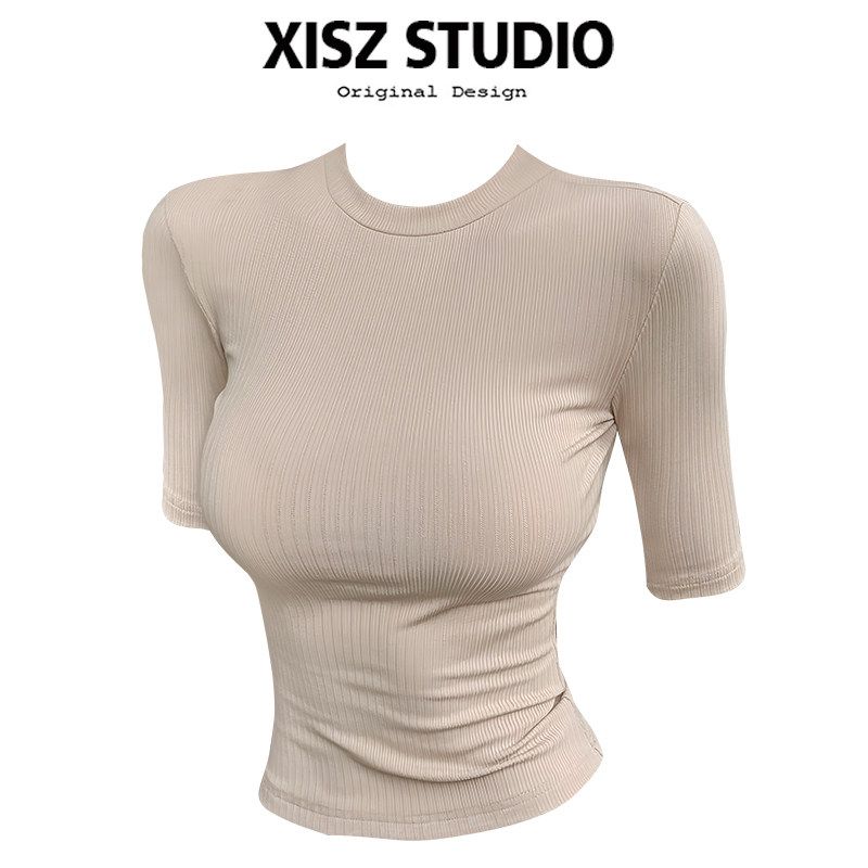 American-Style Spicy Girl Round-Neck Mid-Sleeve Solid Color T-Shirt for Women, Summer Basic Slim-Fit Sexy Top Khaki Mid-Sleeve Top XL