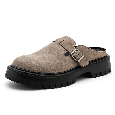 Mules Masculinas de Camurça Slides Bico Redondo Sem Calcanhar Chinelos Plataforma Grossa 4CM Couro Macio Conforto Chinelos de Casa