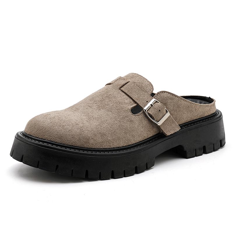 4CM Height Increasing Mules Slippers for Men Fashion Close Toe Slides Home Shoes Outdoor Clogs Suede Leather Platform Sandals