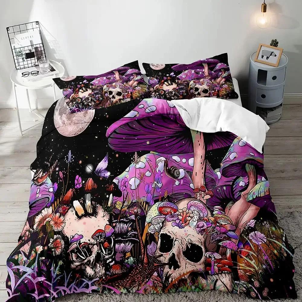 Trippy Mushroom Duvet Cover Set,Hippie Skull Bedding Set,Butterfly Moth Moon Phase Constellation Astrology Botanical Boho Theme