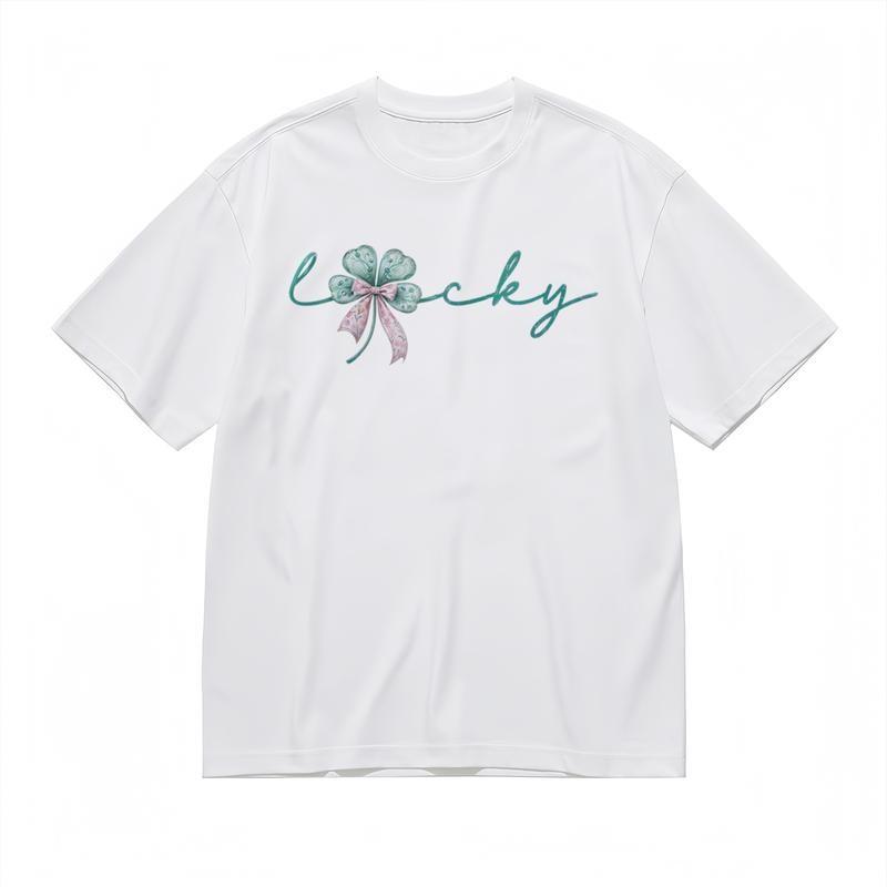 

Men s Comfy Classic T-Shirt Green Lucky Clover With Pink Bow Graphic Cotton Tee 4XL