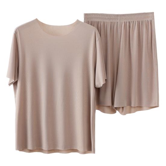 Set de 2 bucăți de pantaloni scurți pentru bărbați, cu decolteu în formă de O, cu mâneci scurte, cu talie elastică, cu picioare late, set de pijamale, fără sudură, din mătase de gheață