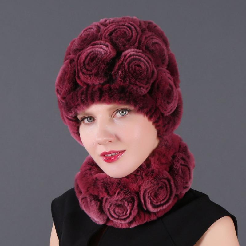 Rex Rabbit Rose Hat and Flower Scarf Set Specializing in the production of Rex Rabbit Scarf Hat Two-piece Adult Hat