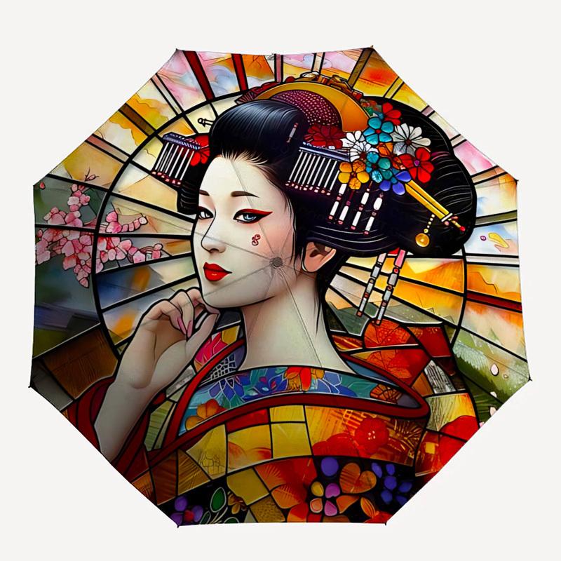 Geisha Themed Automatic Opening and Closing Umbrella, Brightly Colored 8-rib Portable Umbrella, Suitable for Men and Women, A Perfect Gift f