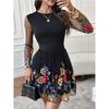 European and American Fashion Print Mesh Long sleeve Temperament Short Dress Short dress A Word Mesh Short Dress