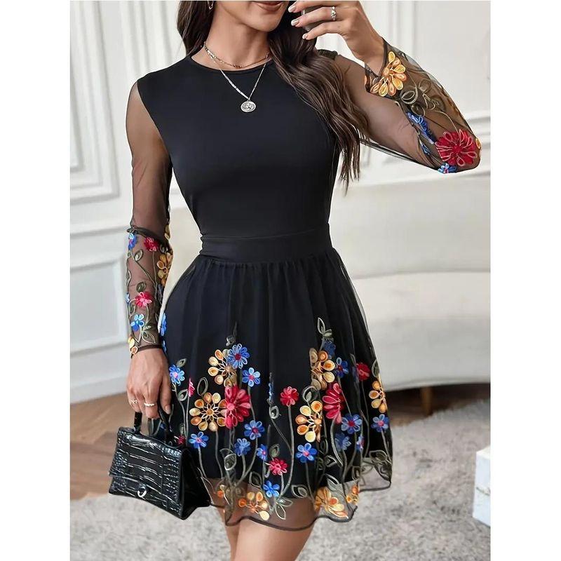European and American Fashion Print Mesh Long sleeve Temperament Short Dress Short dress A Word Mesh Short Dress