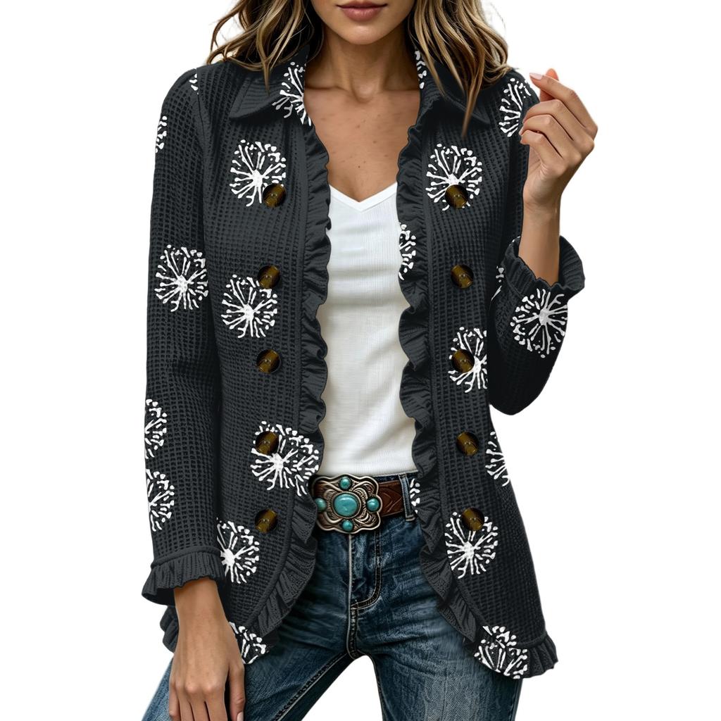 Women's Fashion Floral Print Long Sleeve Ruffle Open Front Cardigan for Casual Wear
