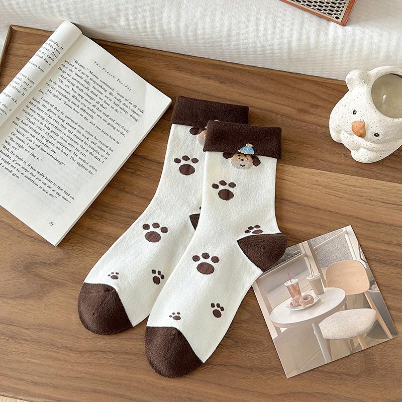 Female Spring and Autumn Retro Cute Cartoon Dog in The Tube Pile Pile Cotton Socks