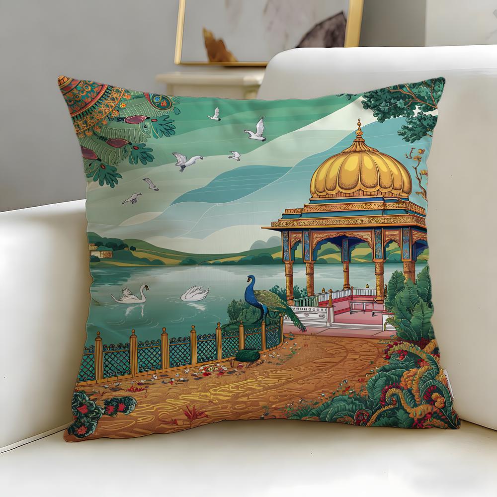 Hot Mmughal Garden with Peacocking Cushion Cover Soft EasyWash Pillow Case Versatile for Couch Bed Travel and Office