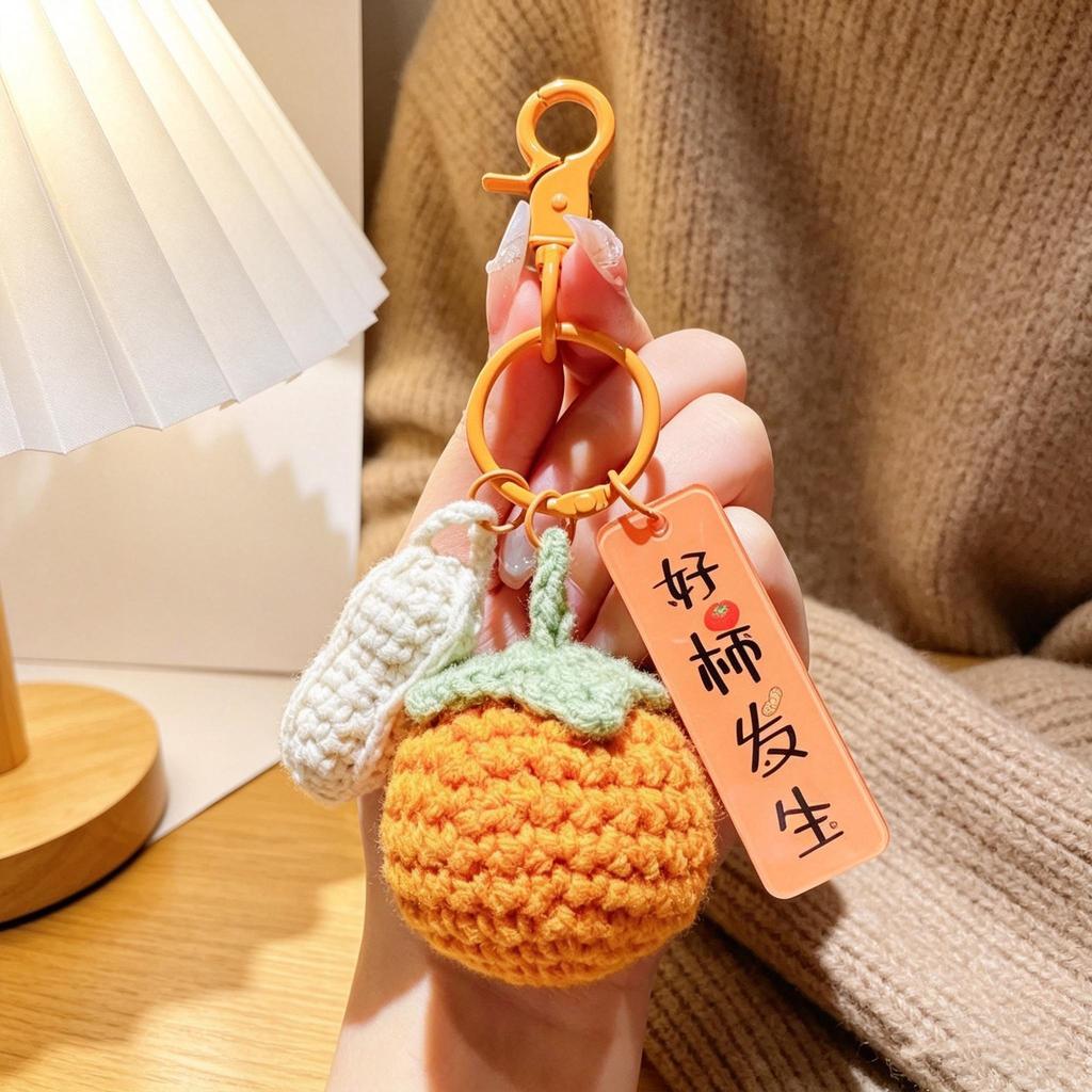 Handmade Crocheted Persimmon Keychain, "Good Things Happen" Lucky Charm,Lucky Persimmon Peanut Keyring, Hand-Knitted Fruit Pendant with Wish Tag