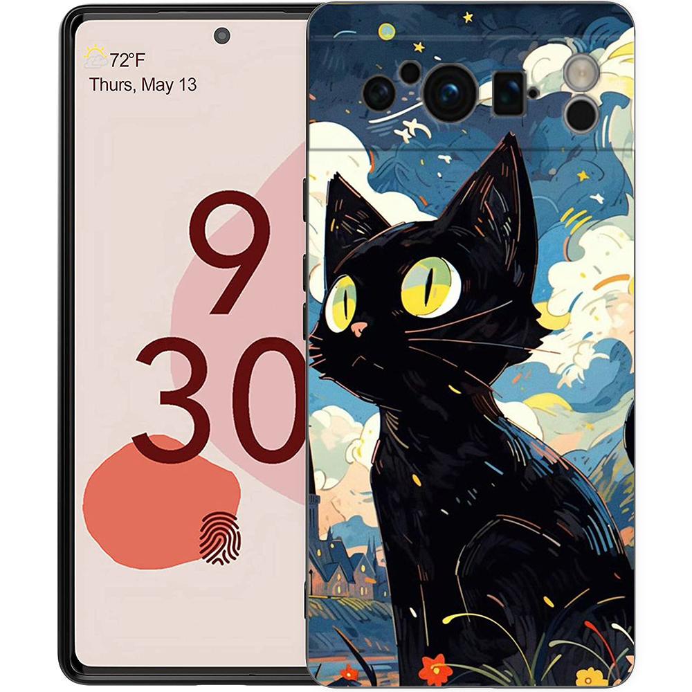 Phone Case For Google Pixel 8 A 7 6 Pro 6A 5G Black Soft Shockproof Back Cover Silicone TPU Shell Coque Cat-Printed