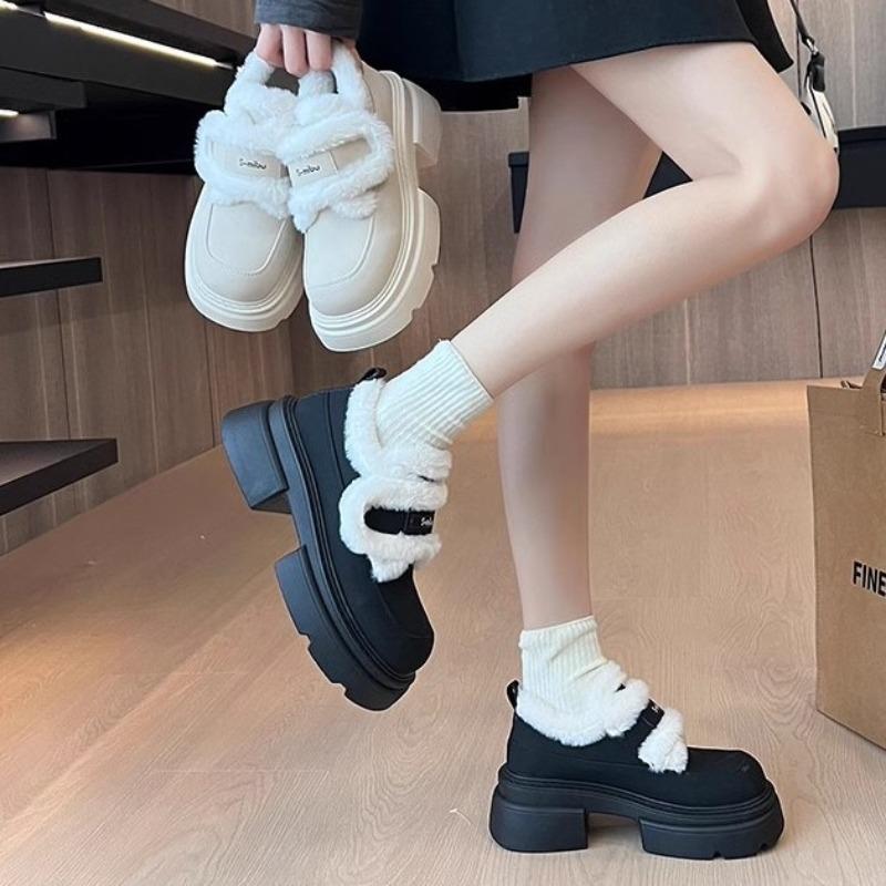 Fashion Womens Winter Warm Snow Boots New Thick-soled Cotton Lolita Mary Jane Leather Shoe Trendy Black Platform Ankle Boots Women Botas