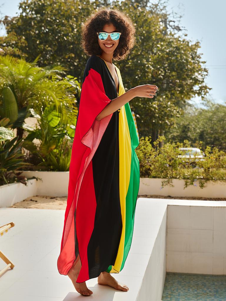 Beach Dresses Red Black Yellow Green Block Color Kaftans for Women Waved Summer Holiday Bathing Suits Dropshipping