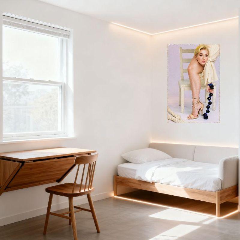 Sexy Platinum Blonde Woman Beige High Heel Sandal Fabric Tin Sign Metal Poster for Bar Home Decor Vintage Ornate Border 8x12 Inc