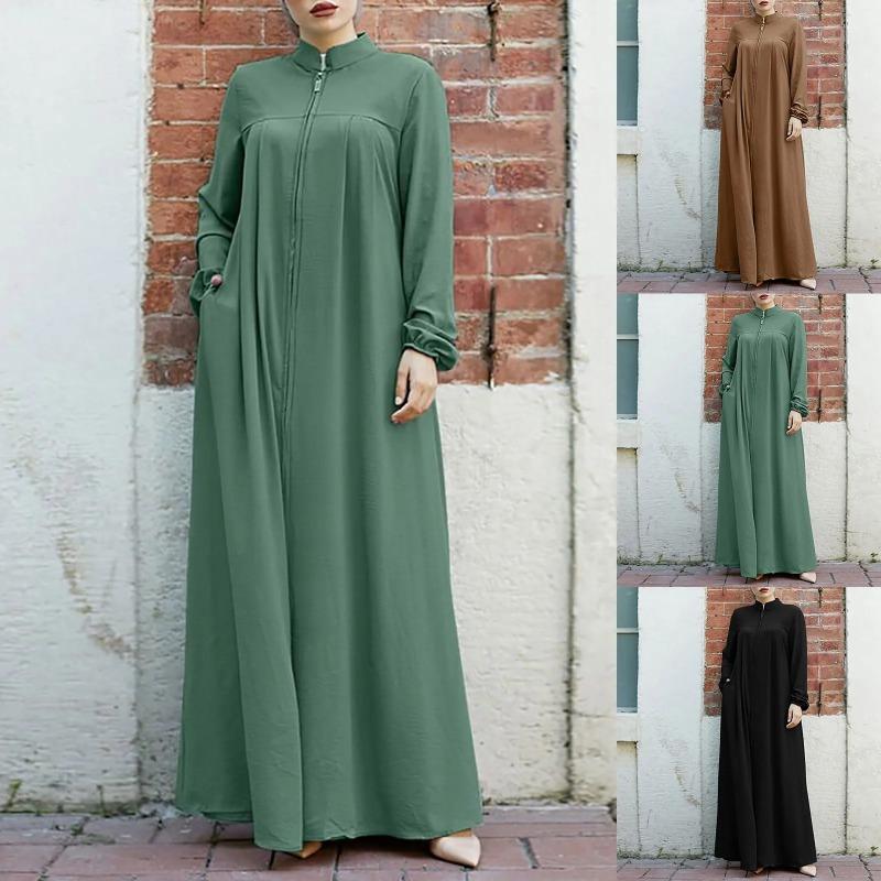 Abaya Ramadan da Donna Oversize con Zip Frontale Abito Musulmano Tasche Collo Alto Abbigliamento Monocolore Ampio