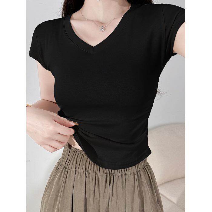 

Women s V-Neck Ruched Short Sleeve Slimming Top Extra Large чёрный